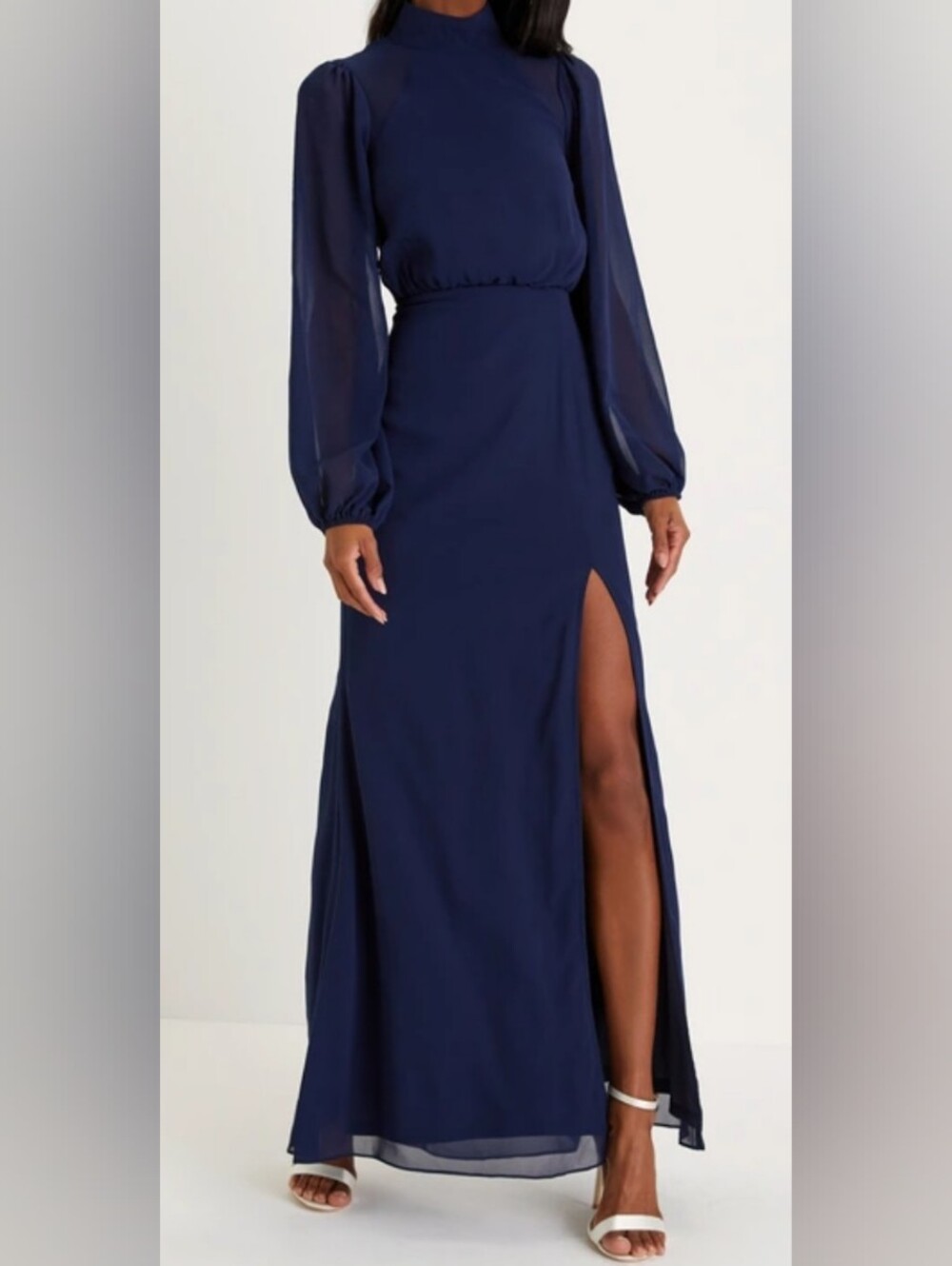 Lulu's Navy Blue Long Sleeve Chiffon Maxi Dress